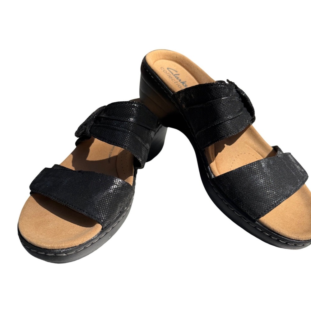 Clarks Slide Sandals Womens 7.5 Black Metallic‎  Hook Loop Arla Glisson Comfort